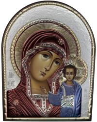 Slevori Icoană argint, Maica Domnului cu Pruncul, 16x20 cm, vișiniu cu Pruncul albastru și ramă aurie arcuită