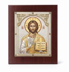Slevori Icoană argint, Iisus Hristos, 21x25 cm, argintiu-auriu cu ramă maro