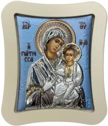 Slevori Icoană argint, Maica Domnului cu Pruncul, 11x12 cm, fundal albastru cu ramă albă