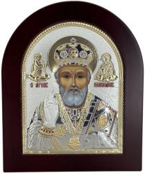 Slevori Icoană argint, Sfântul Ierarh Nicolae, 18.6x15.8 cm, ramă maro arcuită