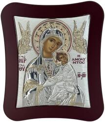 Slevori Icoană argint, Maica Domnului cu Pruncul, 18.6x15.8 cm, argintiu cu ramă bordo și îngeri