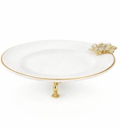 Efegil Platou servire rotund porțelan, decor cristale și picioare aurii, Efegil Bros alb-auriu 19 cm Tava
