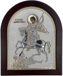 Slevori Icoană argint, Sfântul Mare Mucenic Dimitrie, 21x25 cm, argintiu-auriu cu ramă maro arcuită