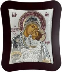 Slevori Icoană argint, Maica Domnului cu Pruncul, 18.6x15.8 cm, argintiu-auriu cu ramă bordo