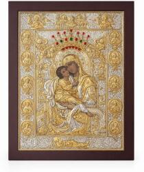 Slevori Icoană argint, Maica Domnului cu Pruncul, cristale Swarovski, 22.5x30.2 cm, argintiu-auriu cu ramă maro