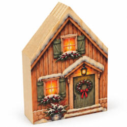  Nyomtatott fa - Karácsonyi házikó forma barna 12x8cm
