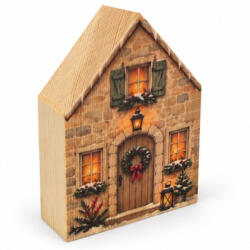  Nyomtatott fa - Karácsonyi házikó forma krém 12x8cm