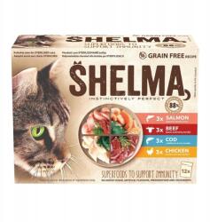 Shelma Macska csirke, marha, lazac és tőkehal, tasak 85 g (12 db-os csomag) (359728)