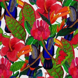 Heko Panels Textil anyag, Festett virágok és tukánok, Poliészter 100%, 210g/pm, Méret: 100cm x 155cm (DX1283)