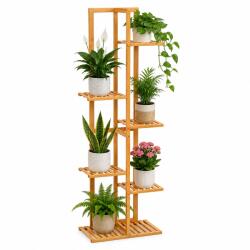  Suport pentru plante si ghivece cu 6 niveluri, din bambus natural, design vertical cu rafturi asimetrice pentru expunerea plantelor la diferite inalti (LOF-8742) Raft