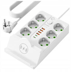  Prelungitor electric vertical tip turn cu 6 prize, 4 porturi USB-A si 2 porturi USB-C, incarcare wireless prin inductie pentru telefoane, maxim 2500 W (GO-K907G)