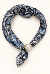 Shopika Esarfa colier satinata cu perla decorativa si inchidere magnetica, imprimeu paisley cu bleumarin, bleu si alb