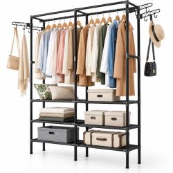 Ruhhy Cuier haine metalic cu 6 rafturi si 8 carlige, dressing deschis pentru hol, negru, 173x108x36 cm (00022671) Agatator cuier