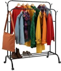 Ruhhy Stand haine pe roti cu bara dubla si raft pantofi, cuier metalic mobil pentru dressing, negru (00027084) Agatator cuier