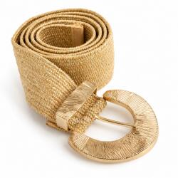 OBRO Curea Elastică pentru Femei cu Cataramă Metalică Aurie, OBRO®, Model Texturat cu Fir Auriu, Bej, 100x5 cm