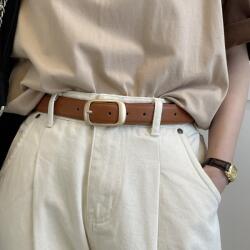 OBRO Curea din piele naturala cu aspect vintage / retro, reglabila, flexibila, pentru fuste, pantaloni, catarama dreptunghiulara rotunjita, din metal auriu, 105 cm, maro camel, marime universala