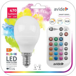 Avide Smart 4, 9W (40W) E14 RGB+W IR Távirányítóval 2700K ASMG14RGBW-4.9W-RC G45/P45 LED kisgömb izzó (Avide-ASMG14RGBW-4-9W-RC)