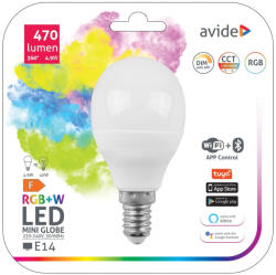Avide Smart 4, 9W (40W) E14 RGB+W WIFI+BLE APP Control 2700-6500K ASMG14RGBW-4.9W-WIBLE G45/P45 LED kisgömb izzó (Avide-ASMG14RGBW-4-9W-WIBLE)