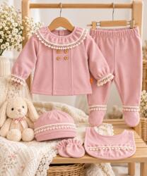 Superbebe Shop Costumas bebelusi fete 5 piese roz pudra cu dantela, bumbac 100% Superbebe Shop