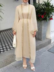 Dazy Bézs Chiffon Ruha Maxi Hosszú Ujjú Fényes Dazy M