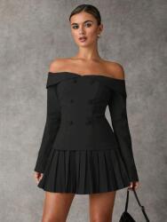 Shein Fekete Pliszírozott Mini Ruha Hosszú Ujjú Nyitott Vállú Shein 40/42
