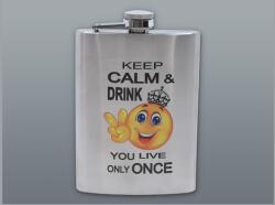  Rozsdamentes acél laposüveg - szálcsiszolt ezüst színű, Keep Calm felirattal és sárga smiley mintával, 6 oz (177 ml) (DM-6-4015)