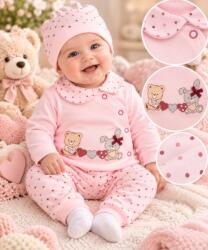 Superbebe Shop Costumas bumbac bebelusi 3 piese roz cu buline si imprimeu ursulet si iepure set complet cu bluza maneca lunga, pantaloni si caciulita