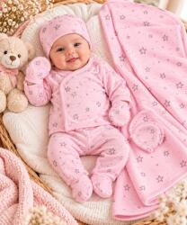 Superbebe Shop Costumas bumbac fete 5 piese roz cu imprimeu stelute set complet bebelusi maneca lunga si caciulita