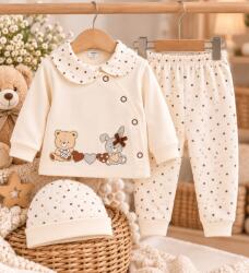 Superbebe Shop Costumas bumbac bebelusi 3 piese crem cu buline si imprimeu ursulet si iepure set complet cu bluza maneca lunga, pantaloni si caciulita