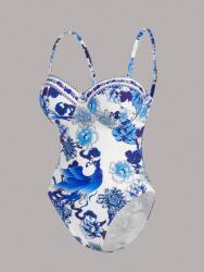 Shein Fehér-kék Egyrészes Fürdőruha Virágmintás Shein 34D