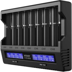 XTAR VC8S SMART SZETT akkutöltő, 8 csatornás Li-ion, Ni-Mh akkukhoz 45W adapterrel (AC369008)