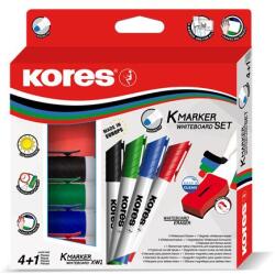 Kores Tábla- és flipchart marker készlet mágneses táblatörlő szivaccsal, 3 mm, kúpos KORES "XW1", 4 különböző szín 4 db (20863)