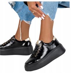 Casu Sneakers Fekete Bőr Női Kényelmes Lakkozott Fűzött Divatos R 40