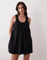  Fekete Pamut Laza Mini Ruha Casual Fodros B23__M