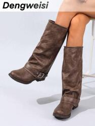 Shein Barna Magasszárú Csizma Csat W01__38