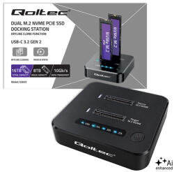Qoltec M. 2 NVMe SSD dokkoló állomás | PCIe | DUAL 2 x 8TB | USB-C 3.2 | 10Gb/s | offline klónozás (52633)