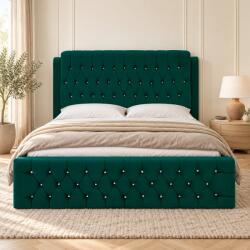 nuko Pat tapițat Chesterfield din catifea Aveline Deluxe 160×200 cm, verde, cu ladă de depozitare