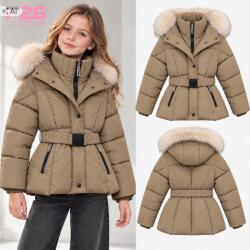 F-26 Lány téli puffer dzseki szőrmés kapucnival és övvel (22011C) Khaki 12-es méret