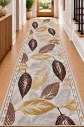 ZARRA Traversa ZARRA 01467, Model FRUNZE Imprimat, Tesatura Plata, Latime 1.5m, Marime 150 x 500 cm, Gri si Maro cu Accente Ocru, Festonata Surfilata Tivita, Antialergica, Polipropilena, Living, Dormito Covor