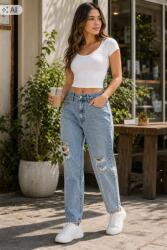 Shein Mom Fit Farmernadrág Lyukakkal És Magas Derekú Pamut 40 1