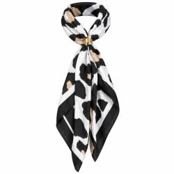 Shopika Esarfa satinata patrata cu inel auriu, imprimeu animal print alb, negru si bej