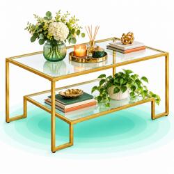 Timebox Masuta de cafea Timebox 100x55x45 cm, Cadru din otel auriu, Blat din sticla securizata 6 mm, Picioare reglabile, Raft inferior din sticla, Stil elegant, Capacitate de incarcare 30 kg, Montaj usor, Aur Masa de cafea