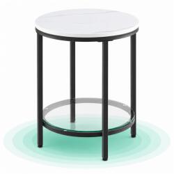 Timebox Masa de cafea Timebox 45x55 cm, Rotunda, Cadru metalic din otel negru, Blat alb aspect marmura, Raft din sticla securizata, Masa laterala pentru canapea, Noptiera dormitor, Picioare reglabile, Stil mi