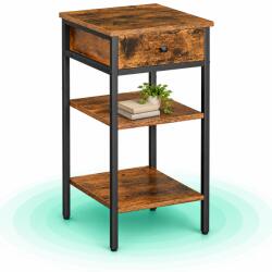 Timebox Noptiera inalta Timebox 35x35x70 cm, Cu sertar si 2 rafturi deschise de depozitare, Cadru din otel, Blat din PAL, Stil industrial, Minimalist, Pentru dormitor, hol sau living, Maro rustic si negru (EZ
