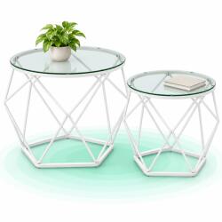 Timebox Set 2 masute de cafea Timebox, Blat rotund din sticla securizata, Cadru din otel vopsit alb, Diametru 50 cm si 40 cm, Inaltime 40 cm si 36 cm, Se folosesc impreuna sau separat, Design modern, Alb (EZ- Masa de cafea