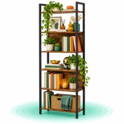 Timebox Biblioteca Timebox cu 6 rafturi, 128x24x187 cm, Stil industrial, Cadru din otel si PAL, Capacitate 10 kg pe raft, Picioare reglabile, Kit anti-rasturnare, Living, Birou, Dormitor, Maro rustic si negru Biblioteca
