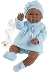 Llorens Csecsemő baba kék ruhában sötét bőrű - 45 cm
