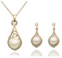  Arannyal bevont ékszerszett szimulált gyöngyökkel, egyedi kristályokkal (1618. ) (N627-E521)