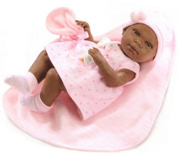 Llorens Újszülött baba pöttyös ruhában rózsaszín takaróval - 38 cm