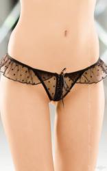 SoftLine elöl nyitott pöttyös fodros szexi fekete csipke tanga bugyi Méret: S/L